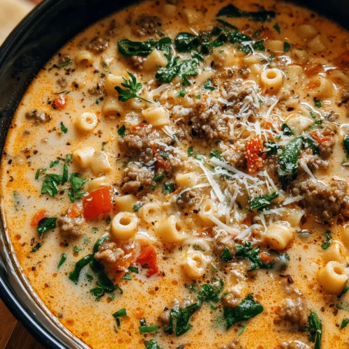 Bowl of Creamy Parmesan Italian Sausage Ditalini Soup with pasta and herbs