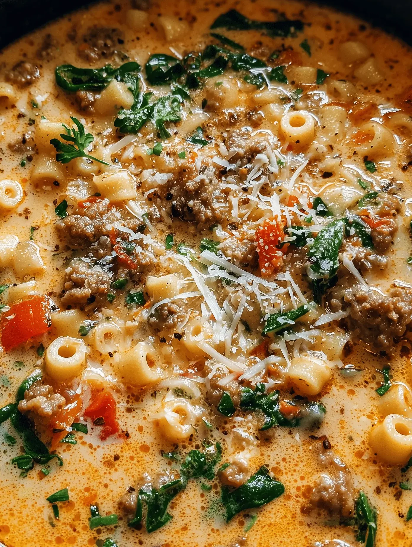 Bowl of Creamy Parmesan Italian Sausage Ditalini Soup with pasta and herbs