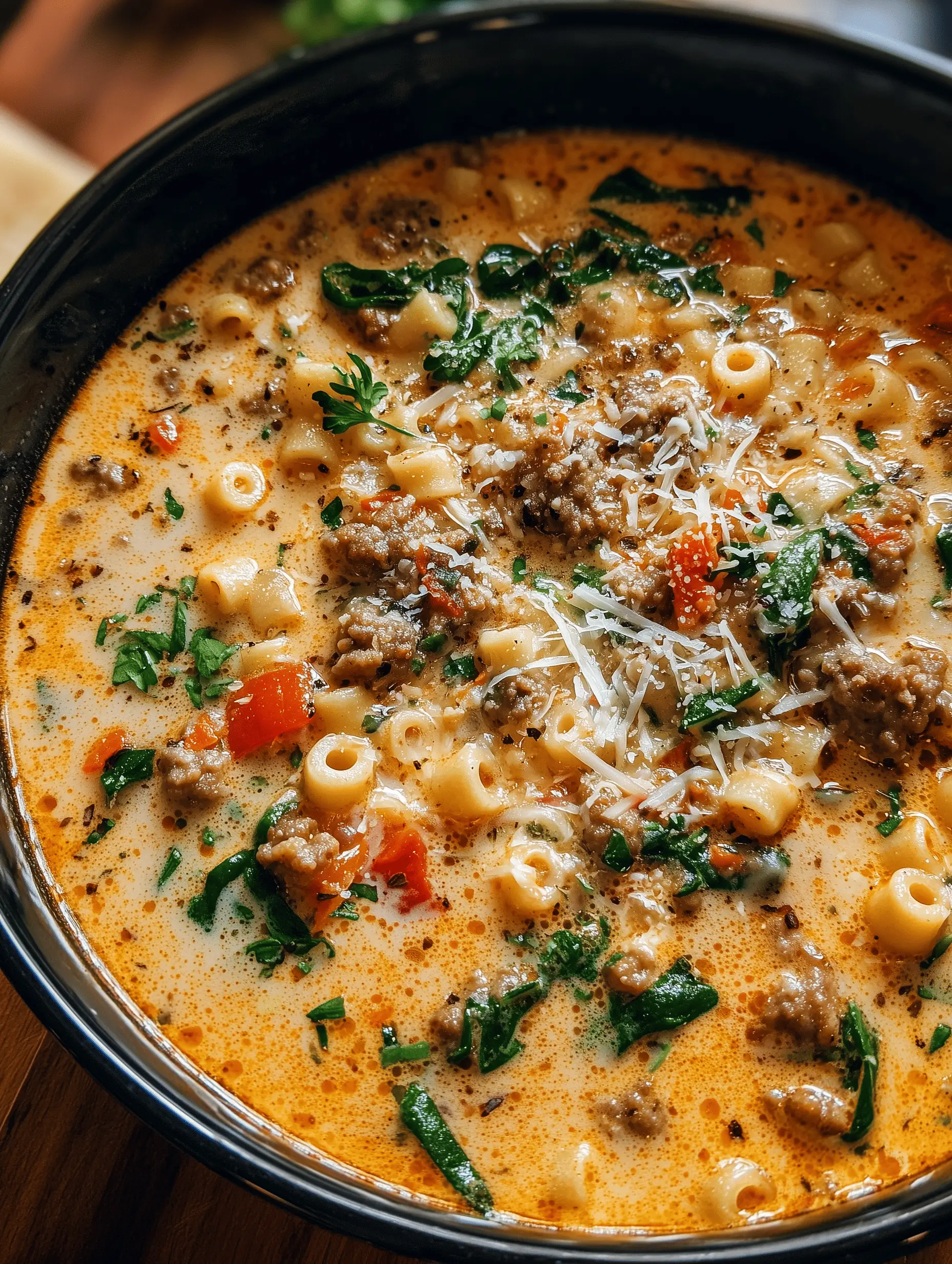Bowl of Creamy Parmesan Italian Sausage Ditalini Soup with pasta and herbs