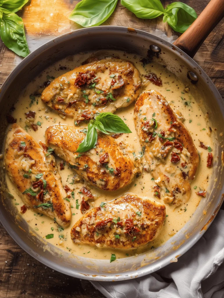 Plate of Marry Me Chicken with sun-dried tomatoes in a creamy sauce