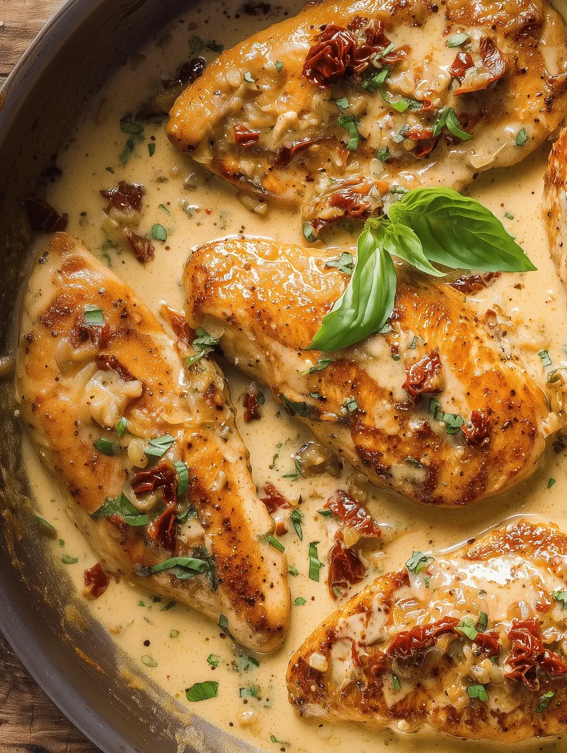 Plate of Marry Me Chicken with sun-dried tomatoes in a creamy sauce