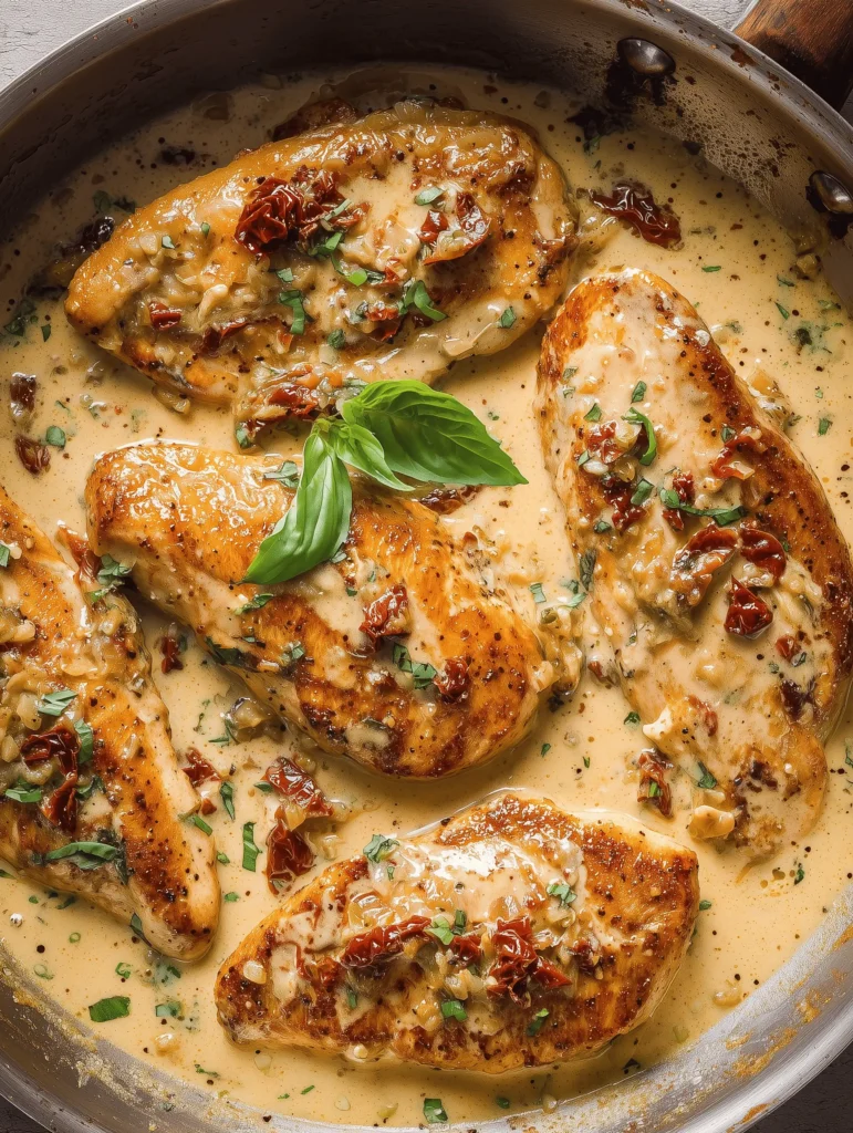 Plate of Marry Me Chicken with sun-dried tomatoes in a creamy sauce
