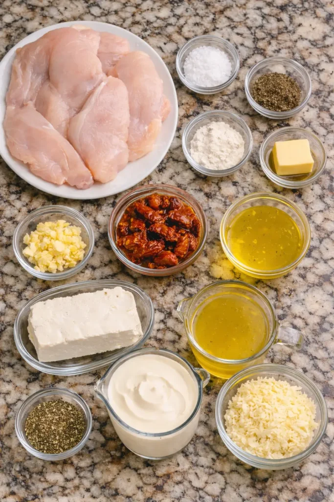 Plate of Marry Me Chicken with sun-dried tomatoes in a creamy sauce