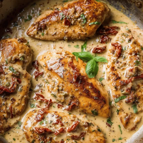Plate of Marry Me Chicken with sun-dried tomatoes in a creamy sauce