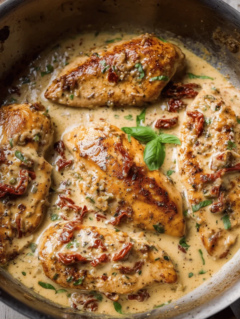 Plate of Marry Me Chicken with sun-dried tomatoes in a creamy sauce