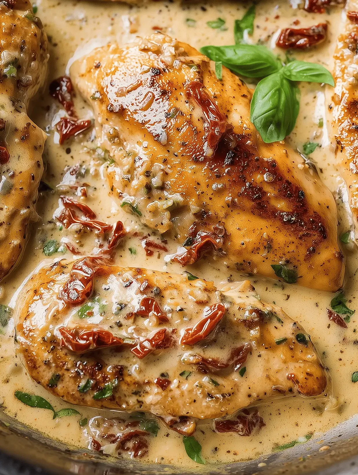 Plate of Marry Me Chicken with sun-dried tomatoes in a creamy sauce