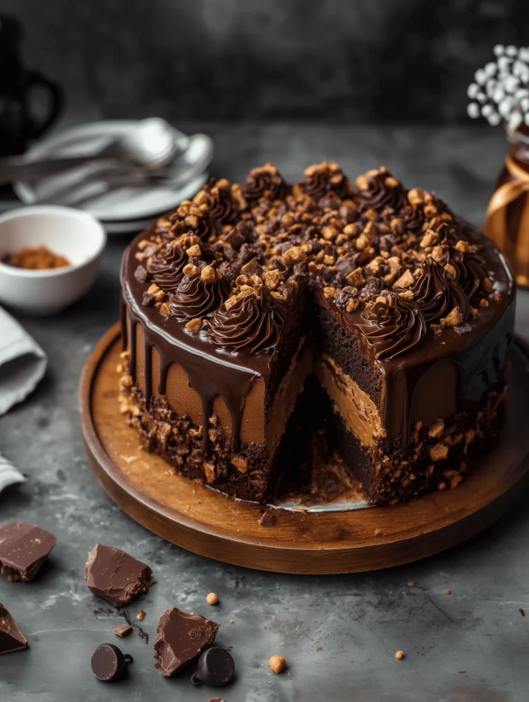 Decadent Chocolate Peanut Butter Cake with rich frosting and ganache topping.