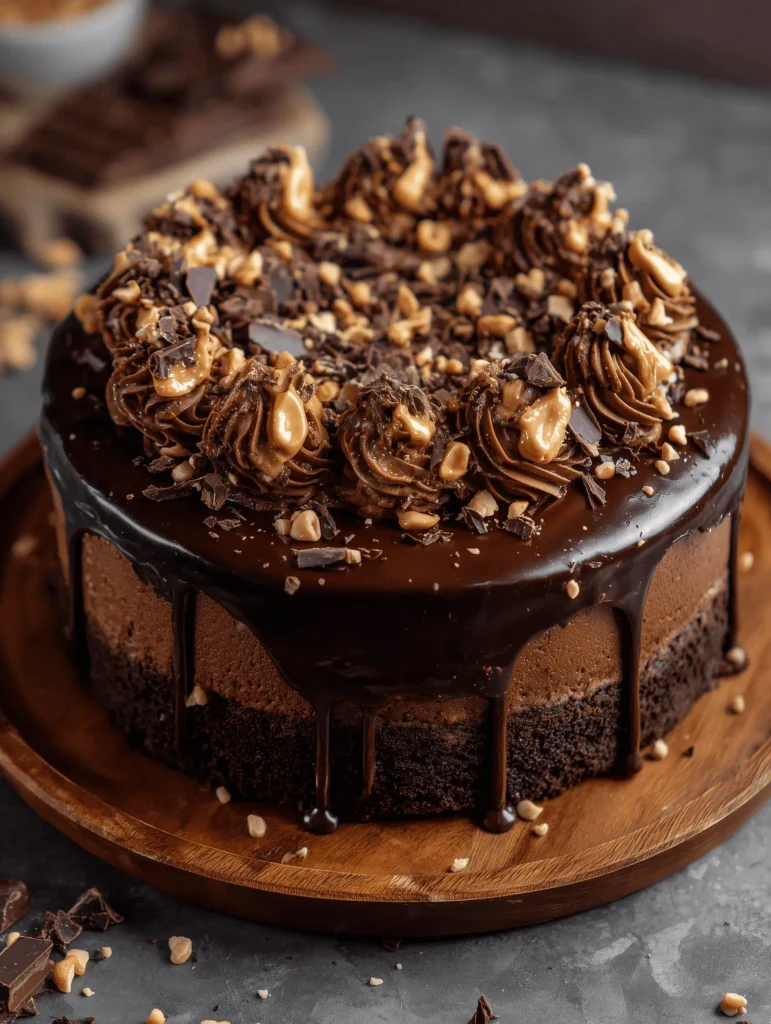 Decadent Chocolate Peanut Butter Cake with rich frosting and ganache topping.