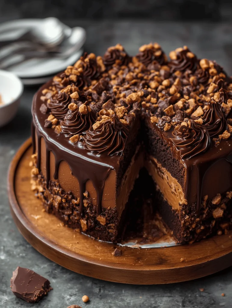 Decadent Chocolate Peanut Butter Cake with rich frosting and ganache topping.