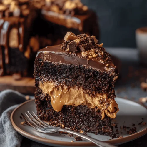 Decadent Chocolate Peanut Butter Cake with rich frosting and ganache topping.