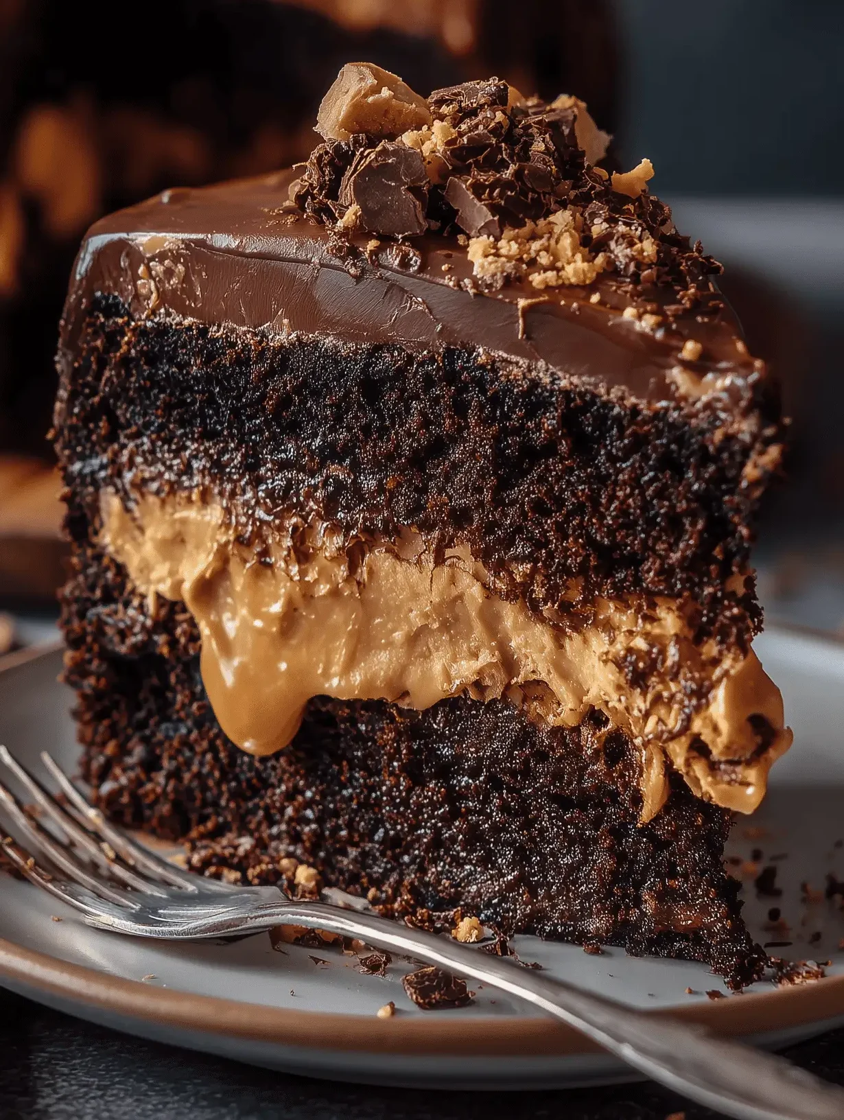 Decadent Chocolate Peanut Butter Cake with rich frosting and ganache topping.
