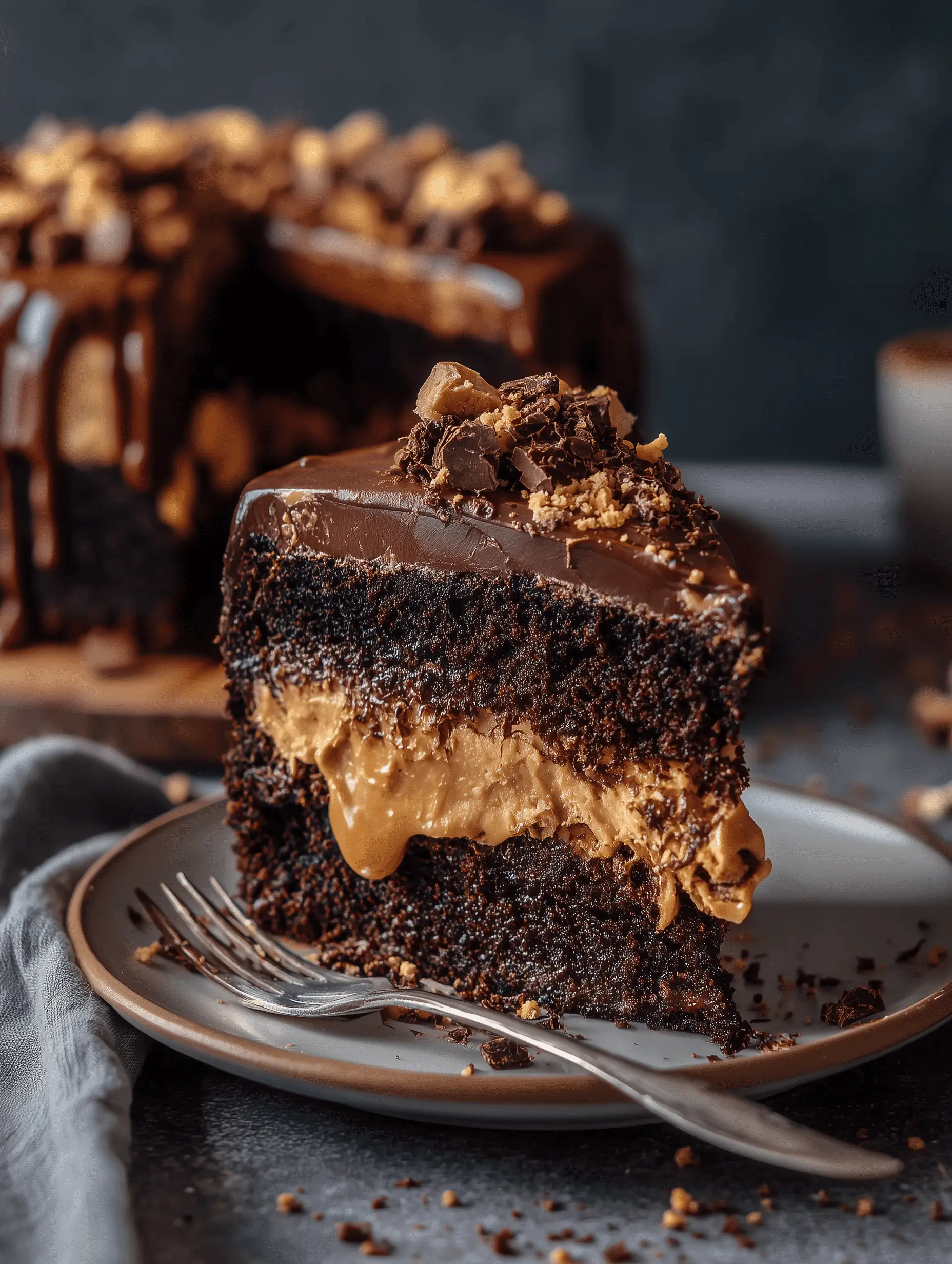 Decadent Chocolate Peanut Butter Cake with rich frosting and ganache topping.