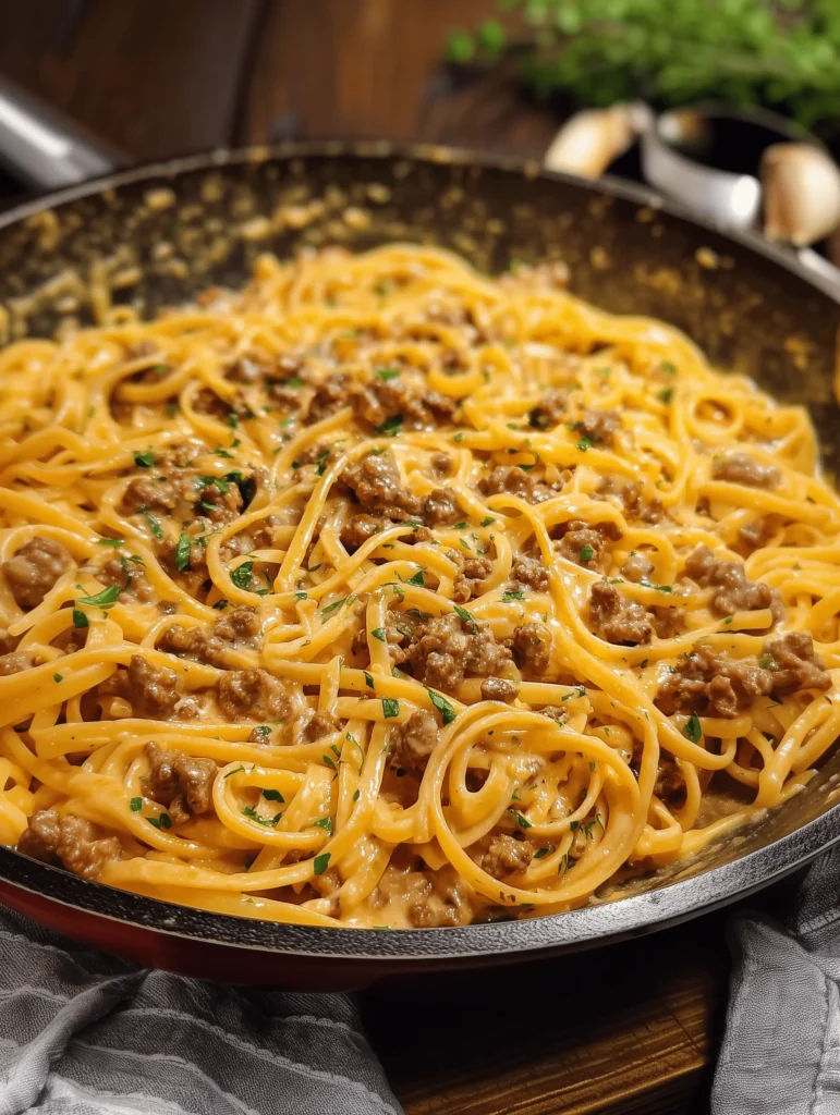 One Pot Creamy Beef and Garlic Butter Pasta served in a bowl with herbs on top