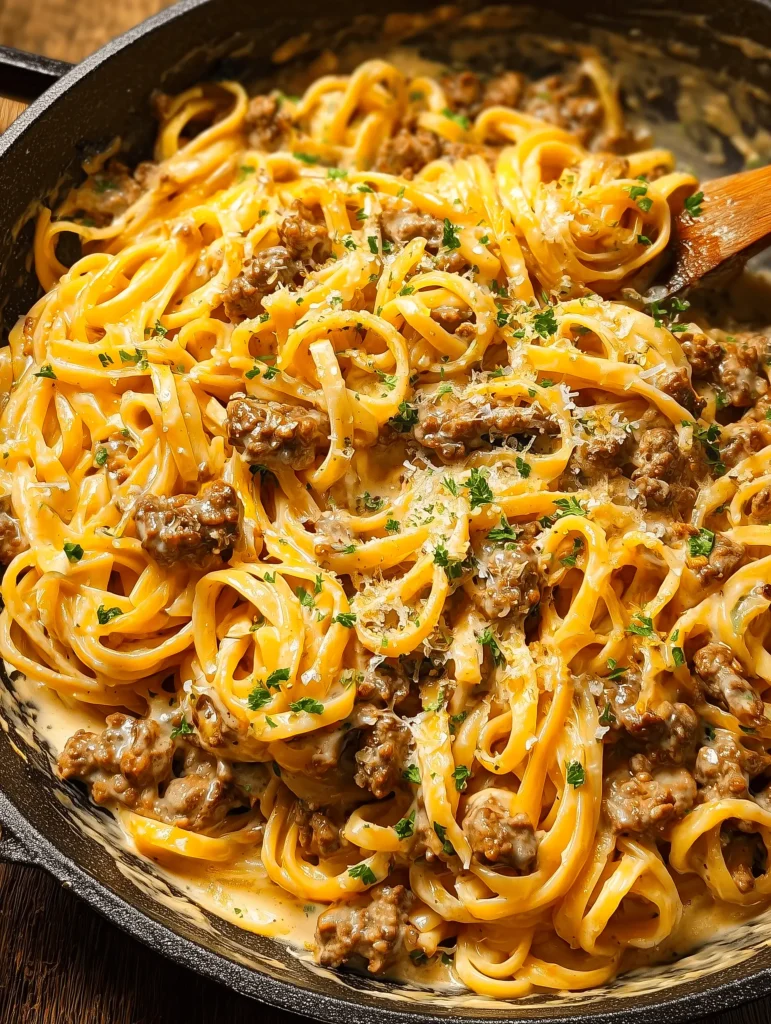 One Pot Creamy Beef and Garlic Butter Pasta served in a bowl with herbs on top