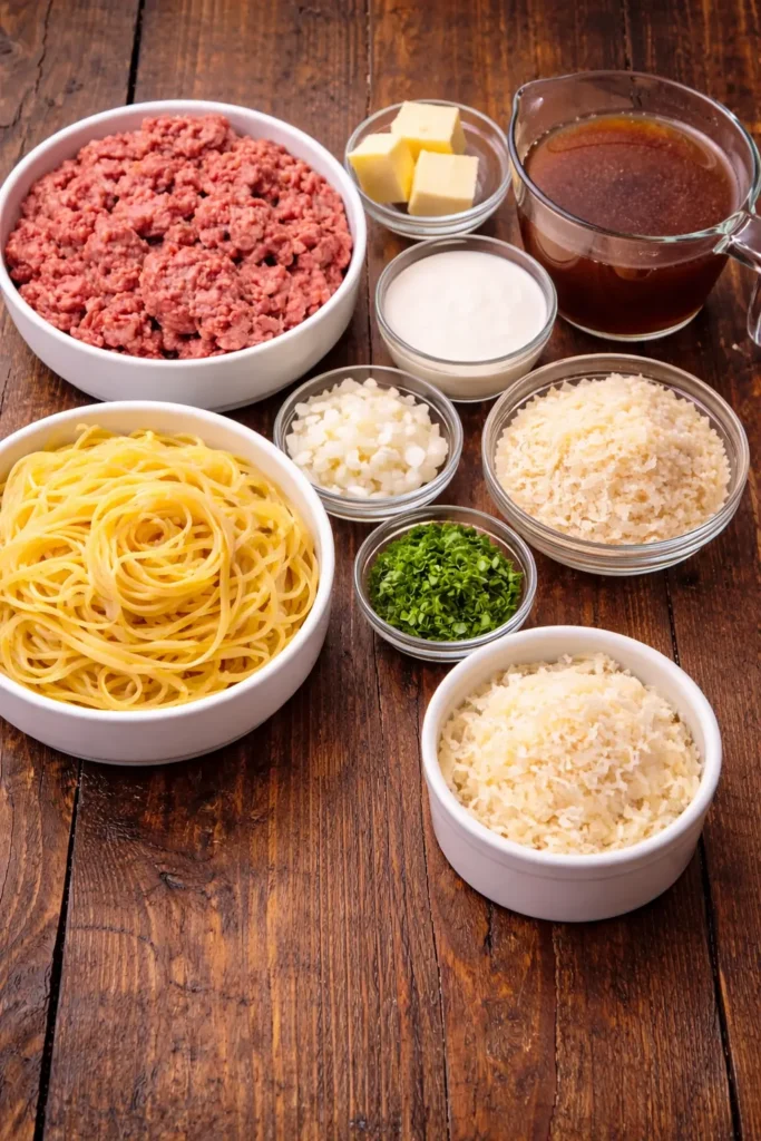 One Pot Creamy Beef and Garlic Butter Pasta served in a bowl with herbs on top