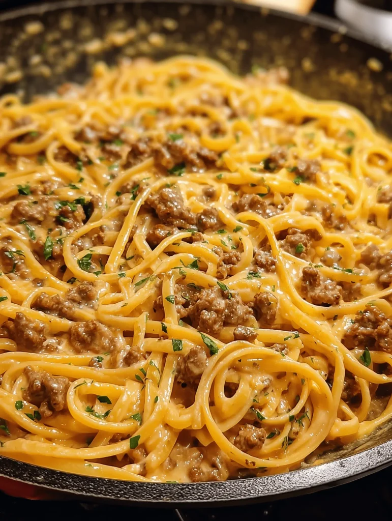 One Pot Creamy Beef and Garlic Butter Pasta served in a bowl with herbs on top