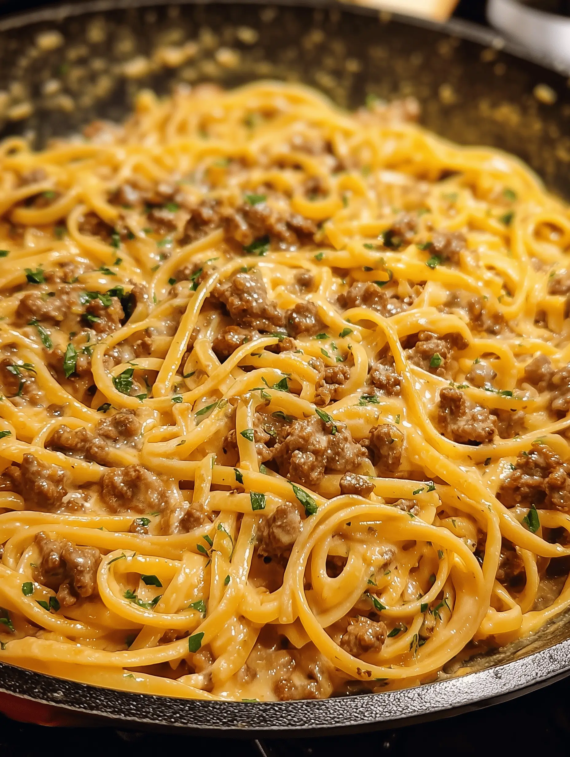 One Pot Creamy Beef and Garlic Butter Pasta served in a bowl with herbs on top