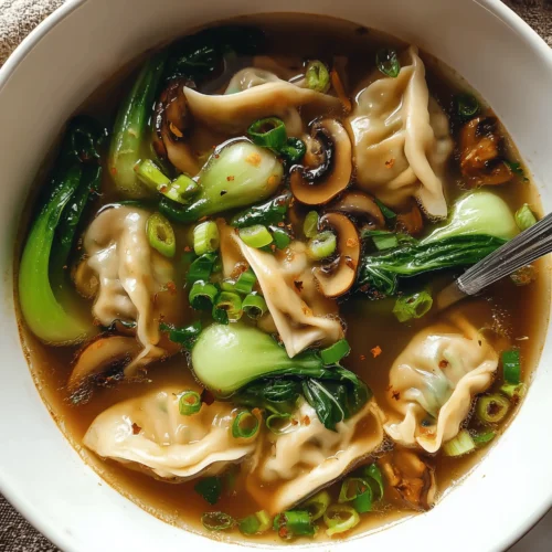 Delicious Potsticker Soup with mushrooms and bok choy served in a bowl
