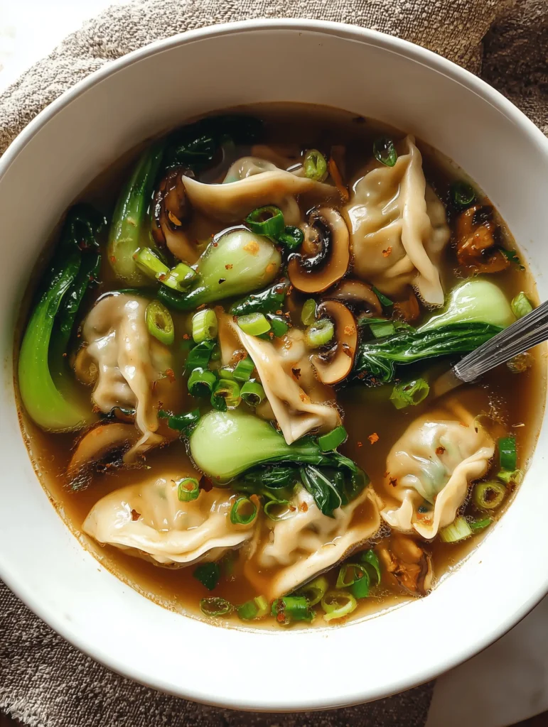 Delicious Potsticker Soup with mushrooms and bok choy served in a bowl