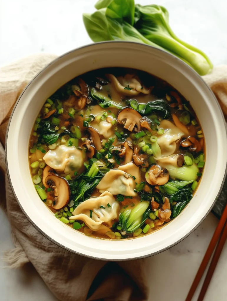 Delicious Potsticker Soup with mushrooms and bok choy served in a bowl
