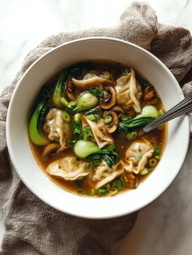 Delicious Potsticker Soup with mushrooms and bok choy served in a bowl