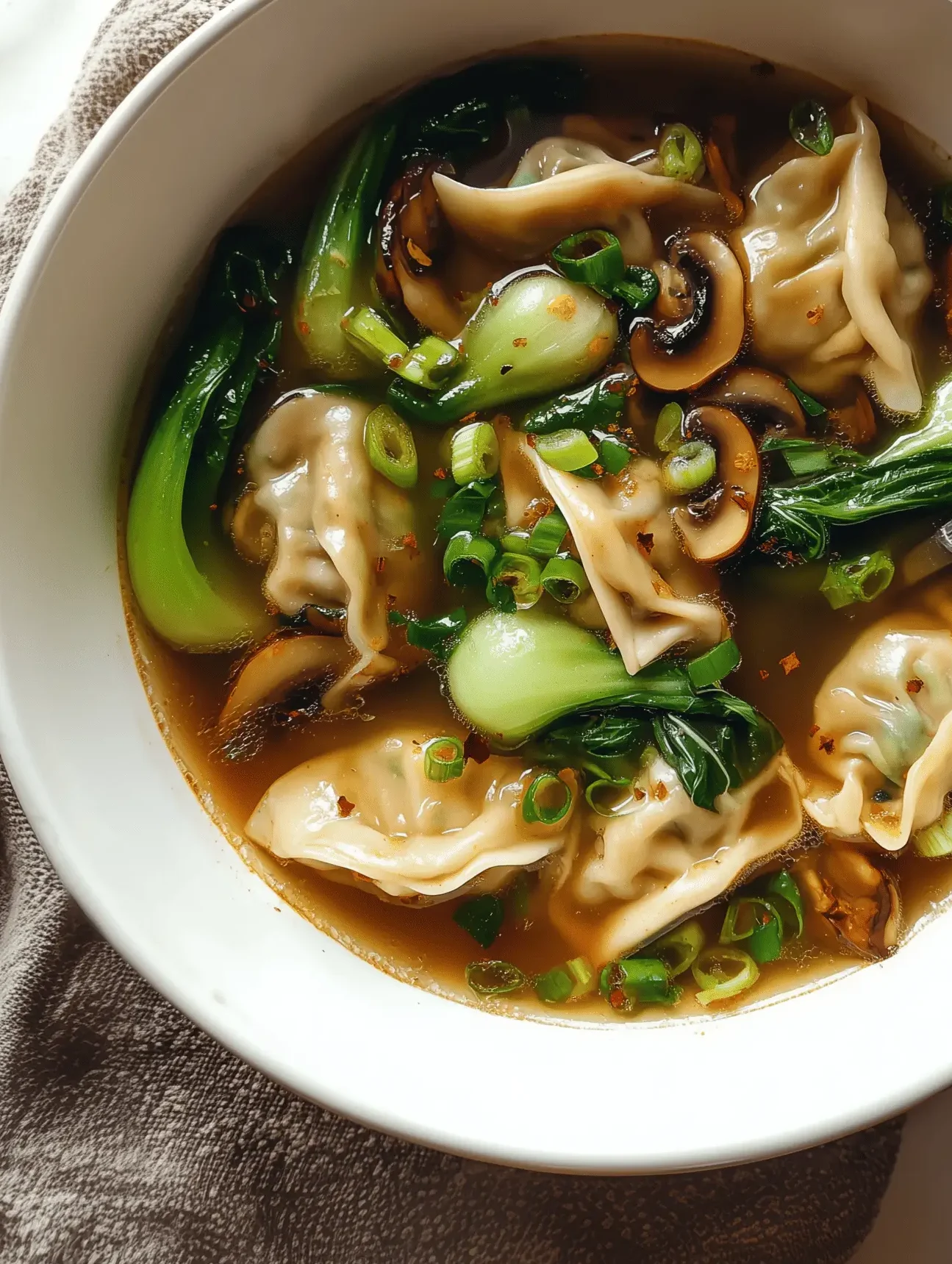 Delicious Potsticker Soup with mushrooms and bok choy served in a bowl