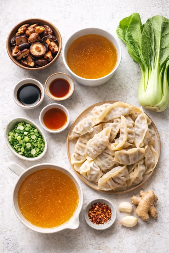 Delicious Potsticker Soup with mushrooms and bok choy served in a bowl