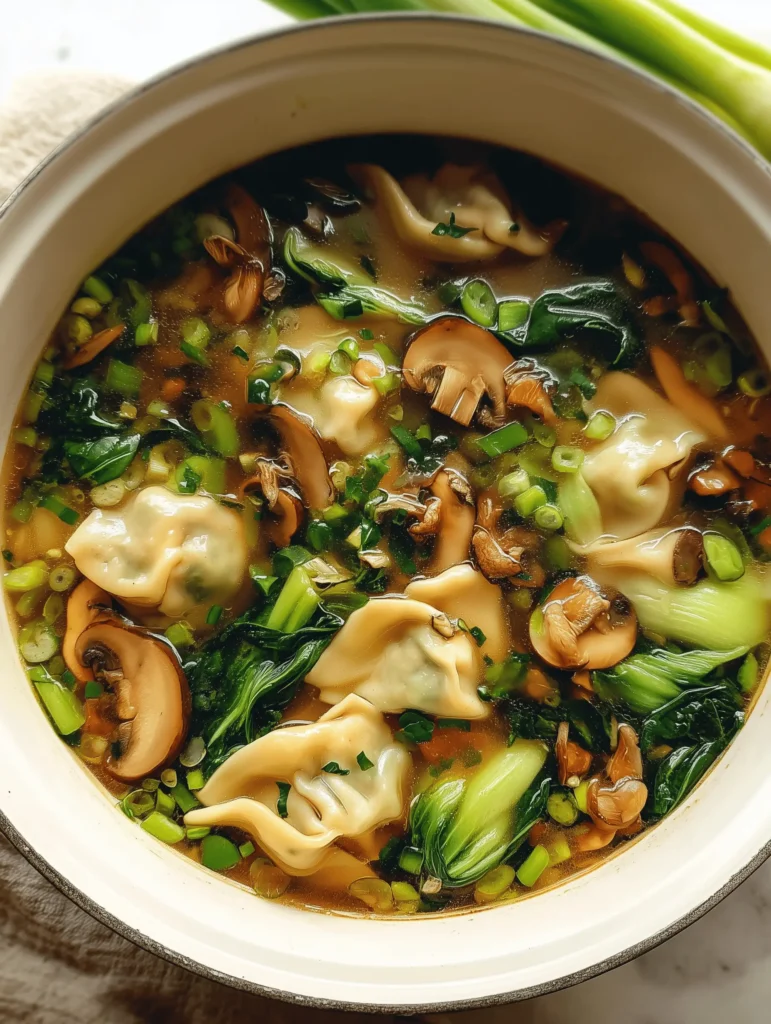 Delicious Potsticker Soup with mushrooms and bok choy served in a bowl
