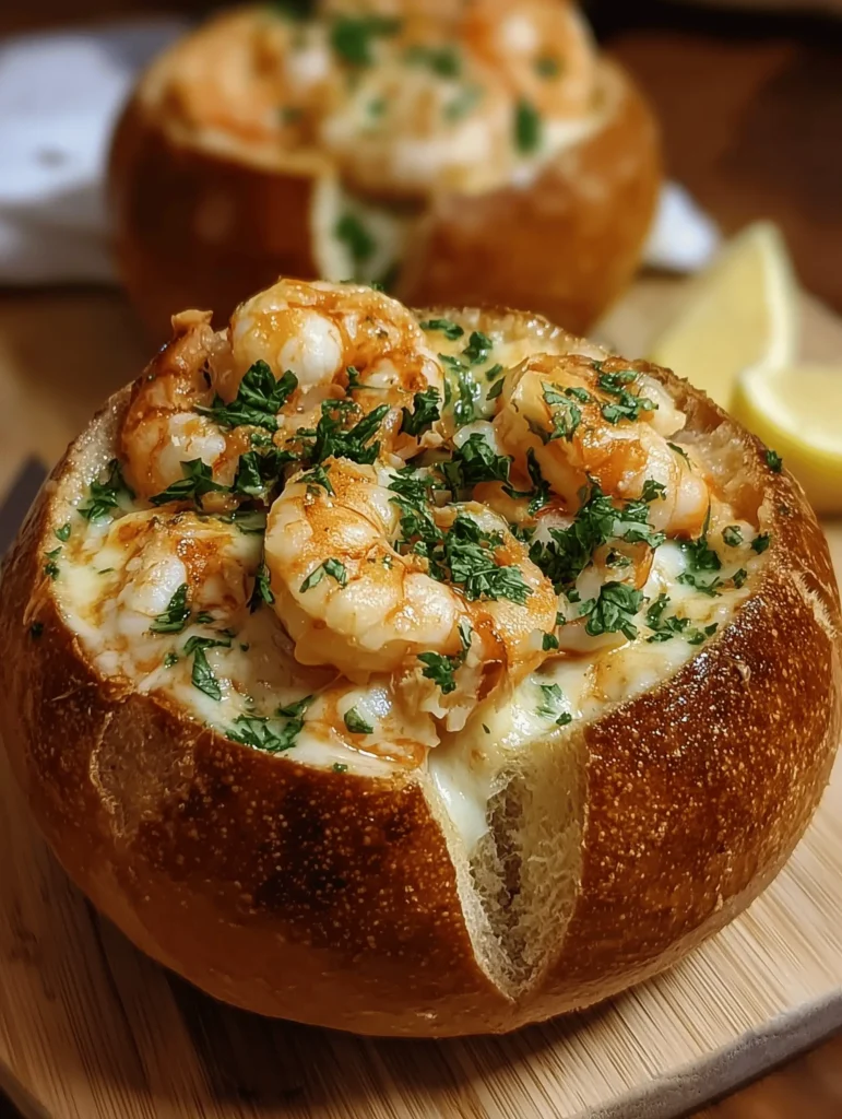Delicious Seafood Stuffed Bread Bowlfilled with shrimp, crab, and scallops.