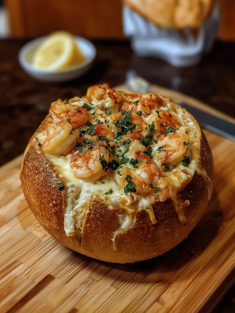 Delicious Seafood Stuffed Bread Bowlfilled with shrimp, crab, and scallops.