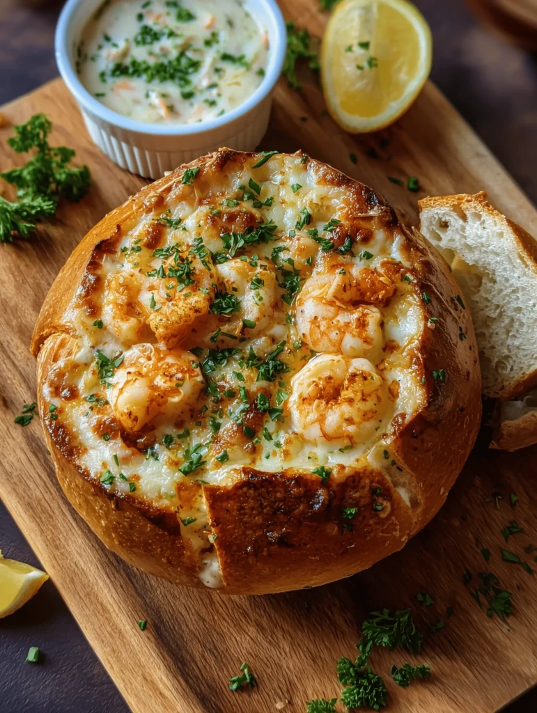 Delicious Seafood Stuffed Bread Bowlfilled with shrimp, crab, and scallops.