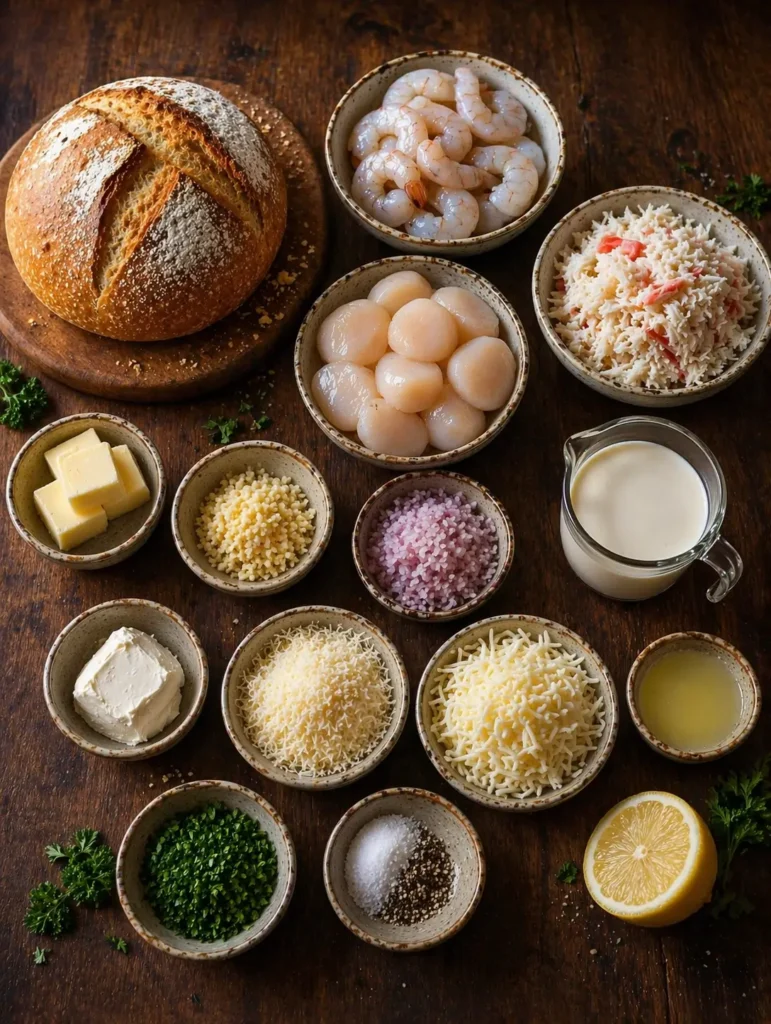 Delicious Seafood Stuffed Bread Bowlfilled with shrimp, crab, and scallops.
