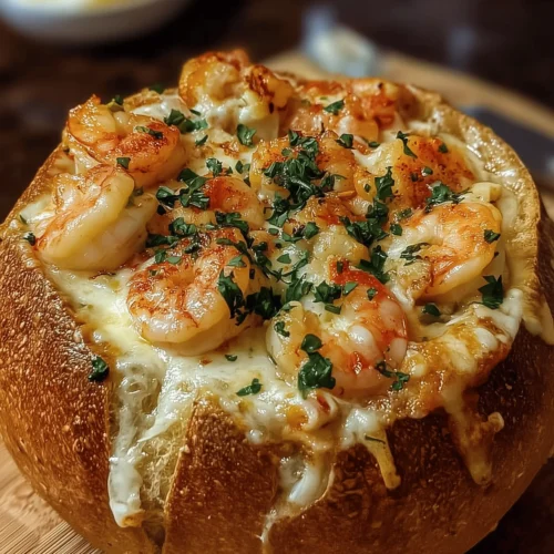 Delicious Seafood Stuffed Bread Bowlfilled with shrimp, crab, and scallops.