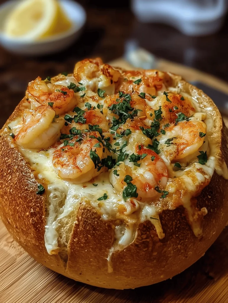 Delicious Seafood Stuffed Bread Bowlfilled with shrimp, crab, and scallops.