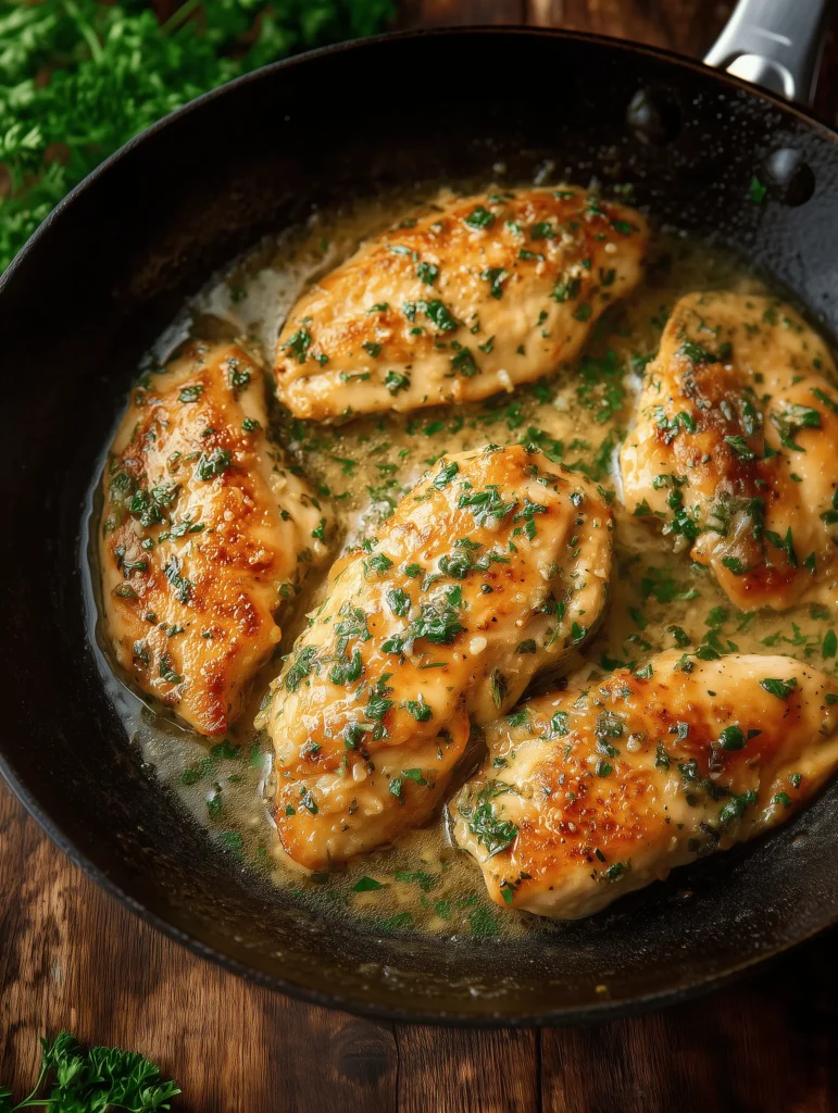 Delicious garlic butter chicken plated with herbs and a side of vegetables.