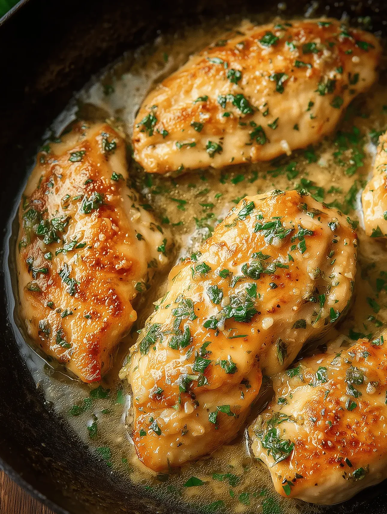 Delicious garlic butter chicken plated with herbs and a side of vegetables.