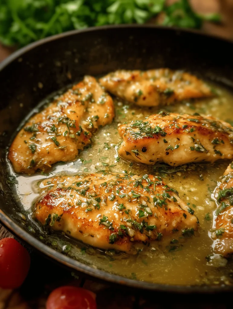 Delicious garlic butter chicken plated with herbs and a side of vegetables.