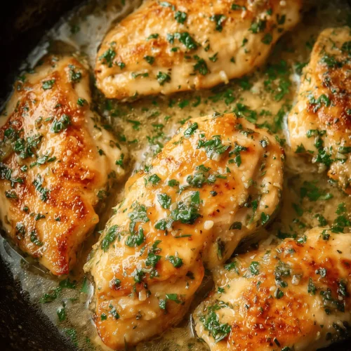 Delicious garlic butter chicken plated with herbs and a side of vegetables.