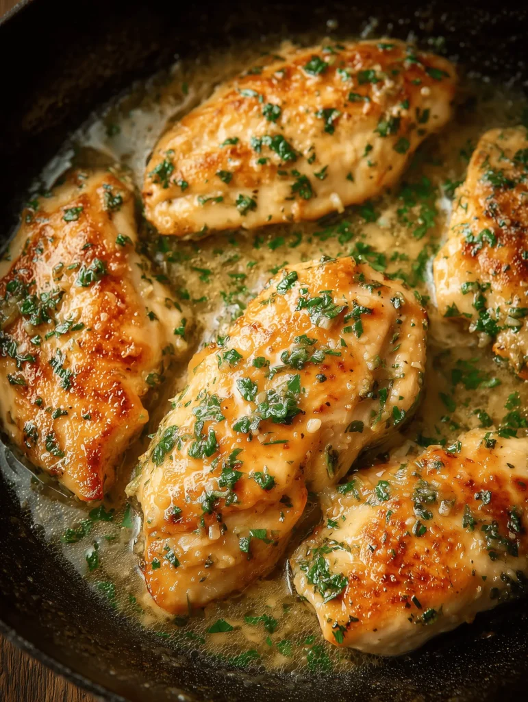 Delicious garlic butter chicken plated with herbs and a side of vegetables.