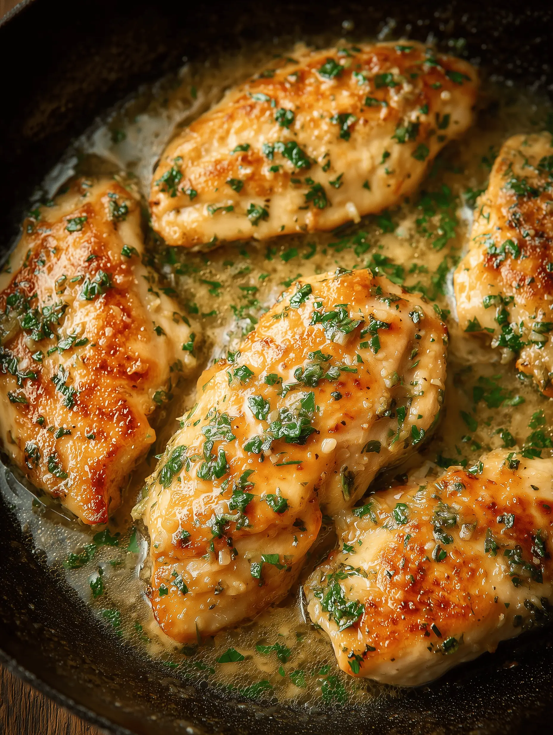 Delicious garlic butter chicken plated with herbs and a side of vegetables.