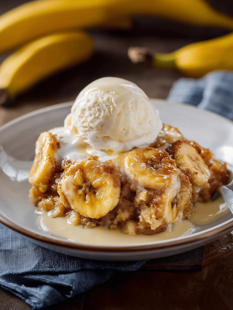 Delicious Southern Banana Cobbler with caramelized bananas and a crispy topping