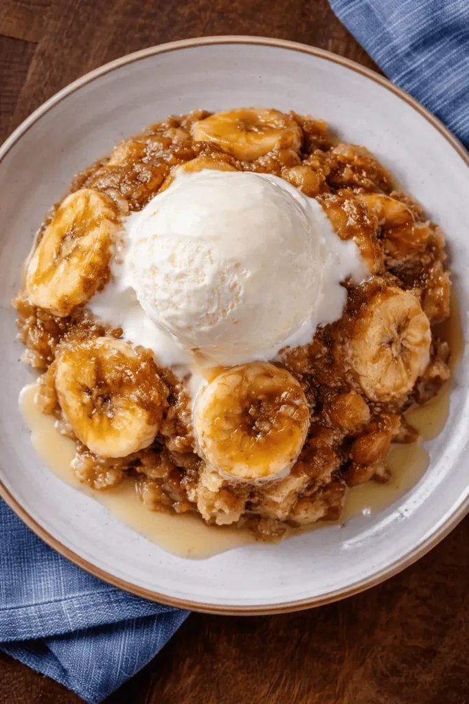 Delicious Southern Banana Cobbler with caramelized bananas and a crispy topping
