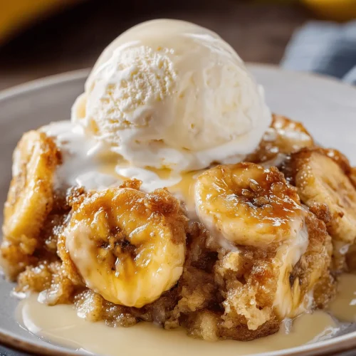 Delicious Southern Banana Cobbler with caramelized bananas and a crispy topping
