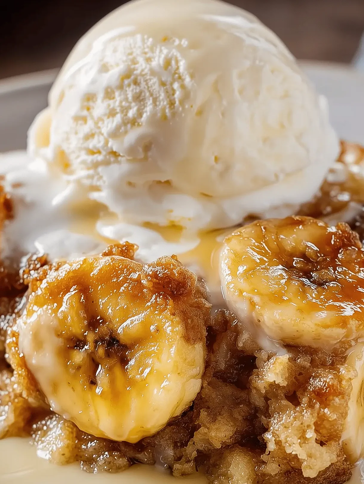 Delicious Southern Banana Cobbler with caramelized bananas and a crispy topping
