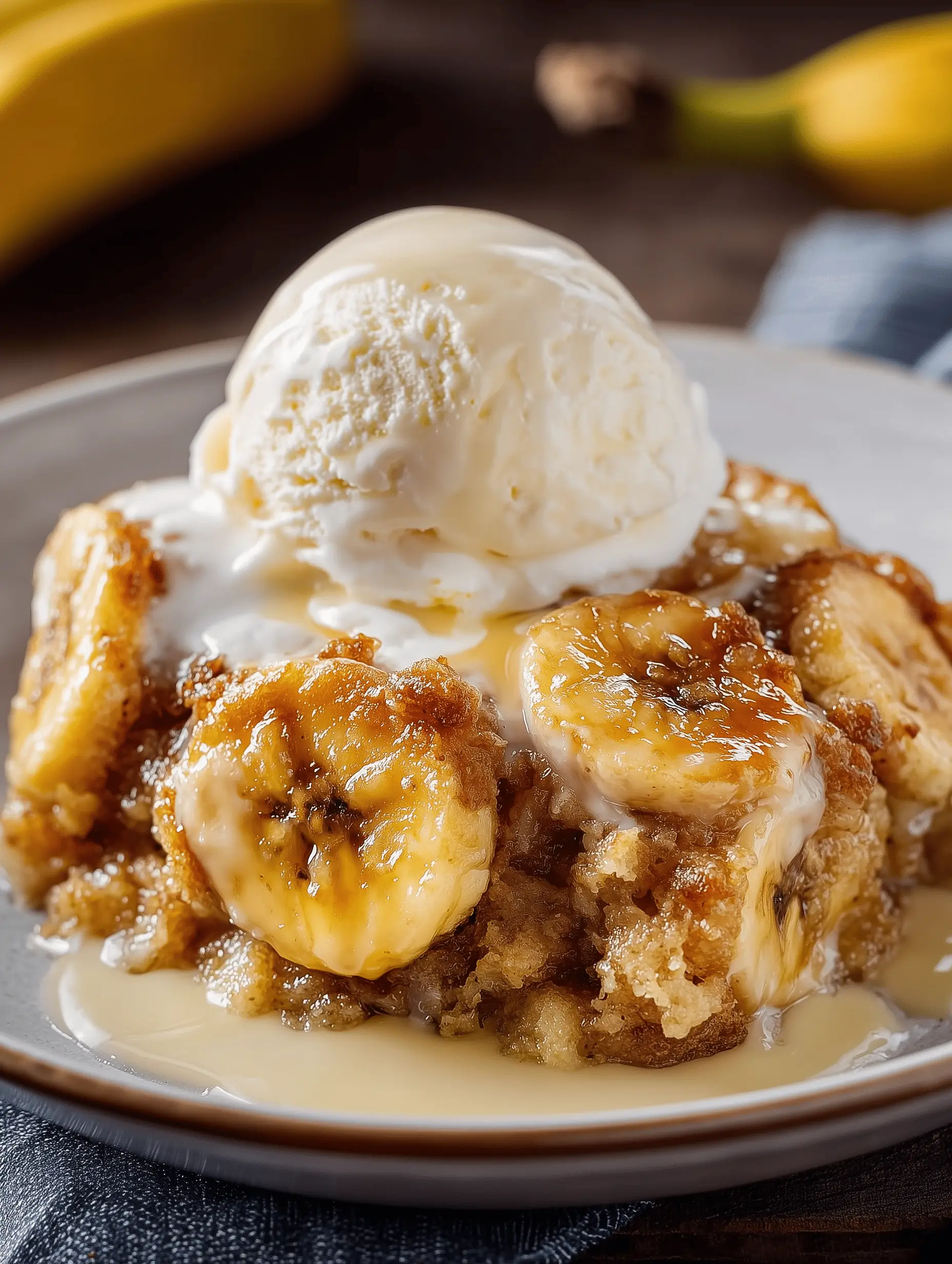 Delicious Southern Banana Cobbler with caramelized bananas and a crispy topping