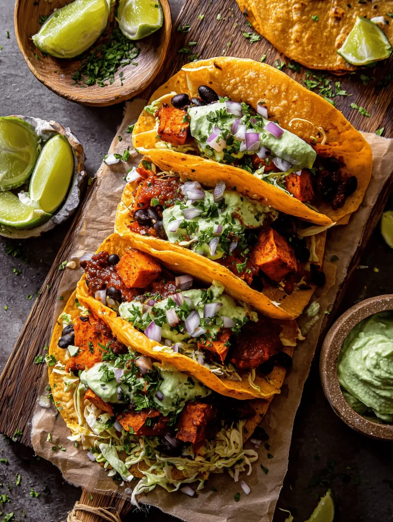Crispy Sweet Potato Tacos Topped with Avocado Sauce, black beans, and lime crema