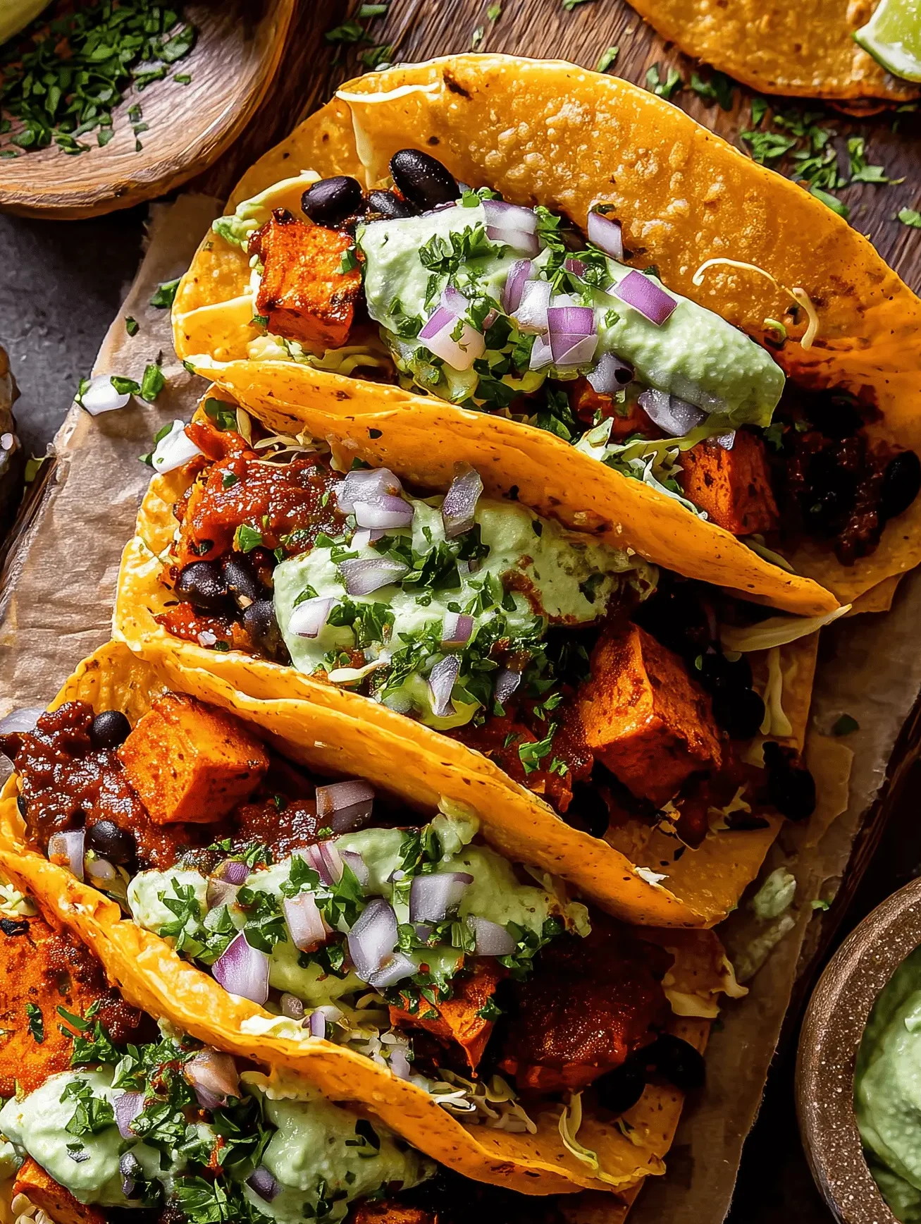 Crispy Sweet Potato Tacos Topped with Avocado Sauce, black beans, and lime crema