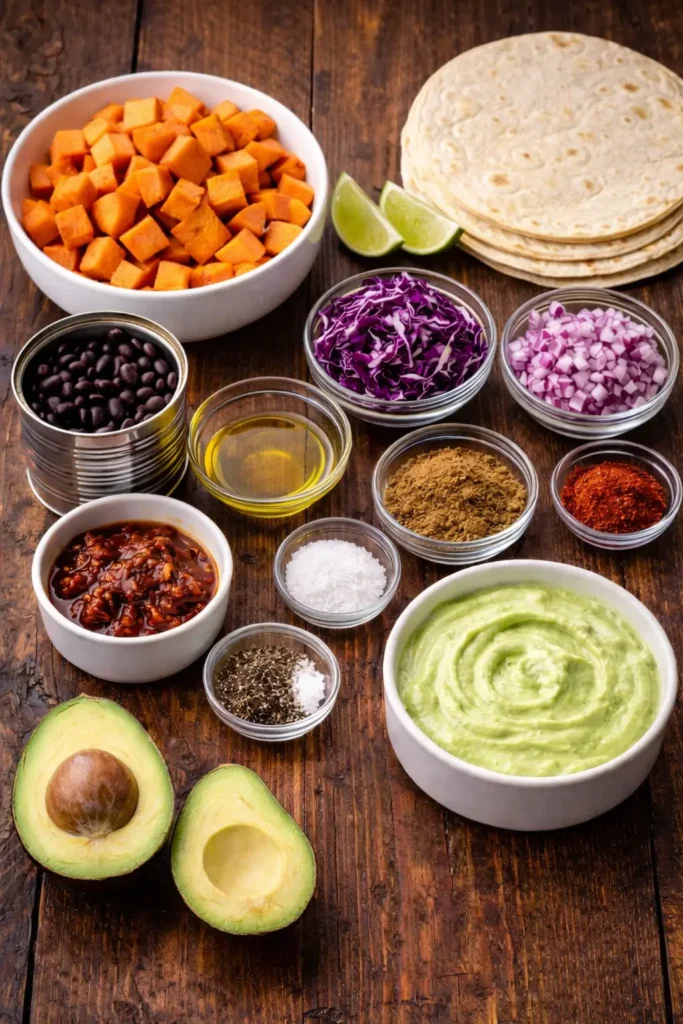 Crispy Sweet Potato Tacos Topped with Avocado Sauce, black beans, and lime crema