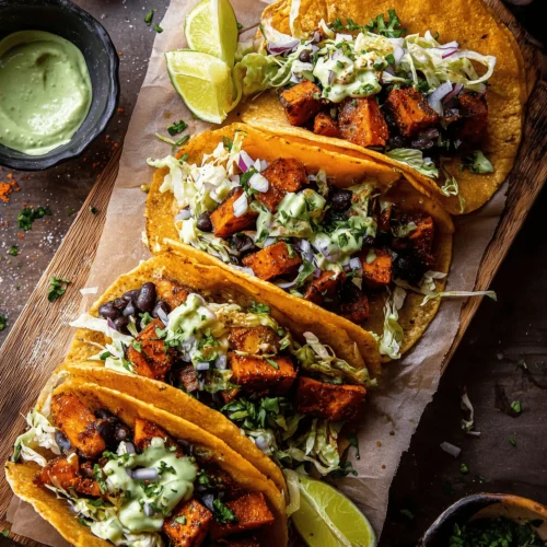 Crispy Sweet Potato Tacos Topped with Avocado Sauce, black beans, and lime crema