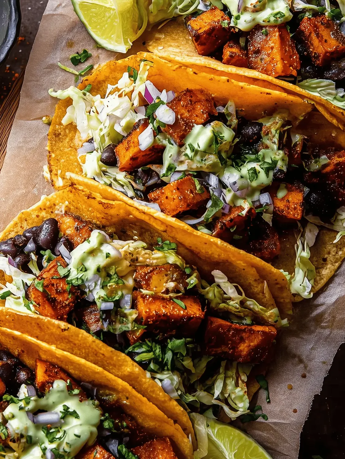 Crispy Sweet Potato Tacos Topped with Avocado Sauce, black beans, and lime crema
